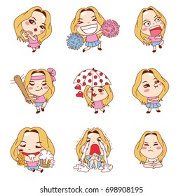 Cute cartoon little girl character poses styles, vector illustration 