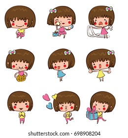 Cute Cartoon Little Girl Character Poses Stock Vector (Royalty Free ...