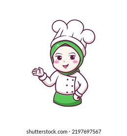 Cute cartoon little girl chef wearing green hijab
