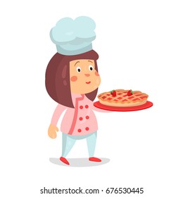 Cute cartoon little girl chef character with strawberry pie cake vector Illustration