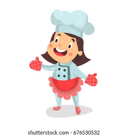 Cute cartoon little girl chef character in red apron and kitchen oven gloves vector Illustration