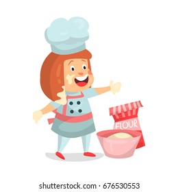 Cute cartoon little girl chef character baking vector Illustration