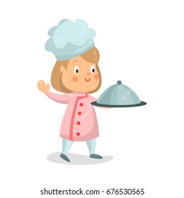 Cute cartoon little girl chef character holding cloche platter vector Illustration