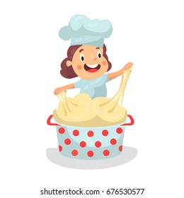 Cute cartoon little girl chef character kneading the dough vector Illustration