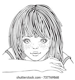 Cute cartoon little girl. Coloring book page for adult and children. Black and white vector.