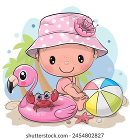 Cute Cartoon Little Girl and crab on the beach