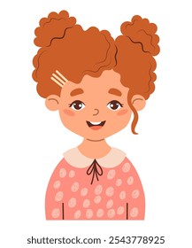 Cute cartoon little girl with curly hairstyle. Vector illustration. Smiling anime female child character isolated on white background. Print for T-shirt for kids 