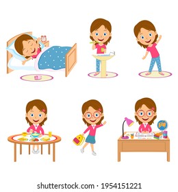 Cute cartoon little girl daily routine,illustration,vector