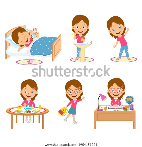 Cute Cartoon Little Girl Daily Routineillustrationvector Stock Vector ...