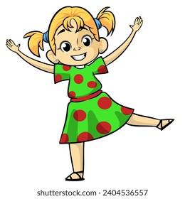 Cute cartoon little girl dancing. Vector 
illustration of a teenager in polka dot green dress.