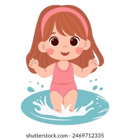 Linda niña de dibujos animados con el pelo oscuro en un traje de baño amarillo jugando en el agua sobre un fondo blanco aislado. Estampado para camiseta para niños.Concepto Ilustración vectorial