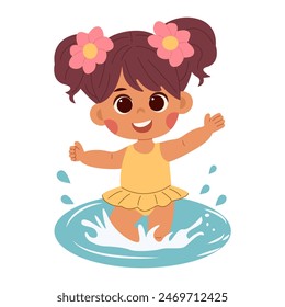 Linda niña de dibujos animados con el pelo oscuro en un traje de baño amarillo jugando en el agua sobre un fondo blanco aislado. Estampado para camiseta para niños.Concepto Ilustración vectorial