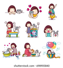 Cute cartoon little girl and dog character poses styles, vector illustration 