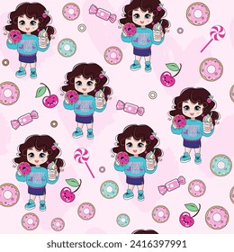 Cute cartoon little girl with donut and other sweets on a pink background seamless pattern. Anime style. Modern trend. Print for t-shirt for kids