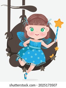 Cute cartoon little girl in fairies costume holding a beautiful star magic stick for trick or treat in halloween party.
