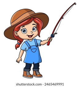 Cute cartoon little girl is fishing