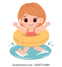 Linda niña de dibujos animados con un anillo flotante en un traje de baño lila jugando en el agua sobre un fondo blanco, aislado. Estampado para camiseta para niños Concepto Ilustración vectorial