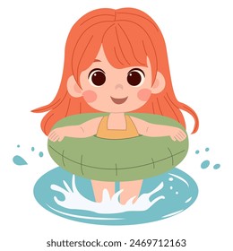 Linda niña de dibujos animados con un anillo flotante en un traje de baño lila jugando en el agua sobre un fondo blanco, aislado. Estampado para camiseta para niños Concepto Ilustración vectorial