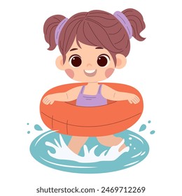 Linda niña de dibujos animados con un anillo flotante en un traje de baño lila jugando en el agua sobre un fondo blanco, aislado. Estampado para camiseta para niños Concepto Ilustración vectorial