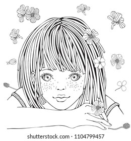 Cute cartoon little girl and flowers. Coloring book page for adult and children. Black and white vector.