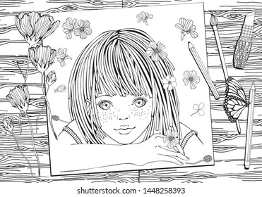 Cute cartoon little girl and flowers. Coloring book page for adult and children. top view. Black and white vector.