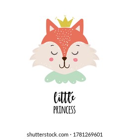 Cute cartoon little girl fox with crown. Vector illustration for print or baby shower invitations.