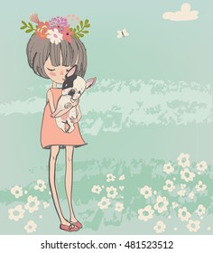 cute cartoon little girl with french bulldog