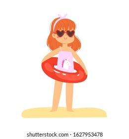 Cute cartoon little girl have fun and jumping on the beach with inflatable rubber circle on vacation. Happy kid having fun in the summer time, swimming pool party. Vector illustration