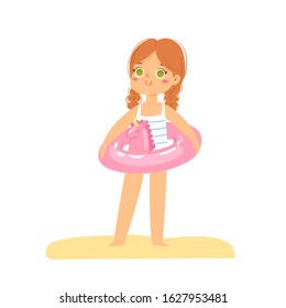 Cute cartoon little girl have fun and jumping on the beach with inflatable rubber circle on vacation. Happy kid having fun in the summer time, swimming pool party. Vector illustration