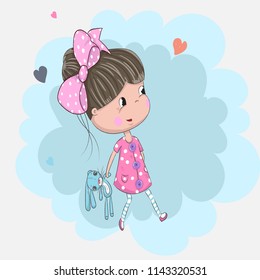 Cute cartoon little girl holding rabbit. Children's printing for children, children's clothing, poster, postcard. Vector illustration