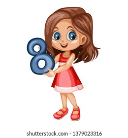 Cute Cartoon Little Girl  Holding Number Eight. Beautiful Young Female Kid Wearing  Beautiful Dress Isolated on White Background
