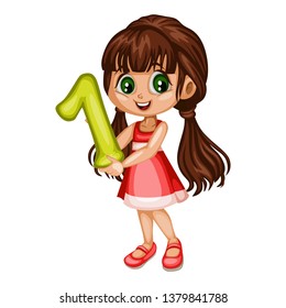 Cute Cartoon Little Girl  Holding Number One. Beautiful Young Female Kid Wearing  Beautiful Dress Isolated on White Background
