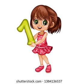 Cute Cartoon Little Girl  Holding Number One . Beautiful Young Female Kid Wearing  Beautiful Dress Isolated on White Background

