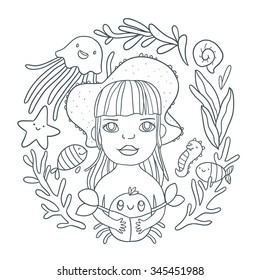 Cute cartoon little girl holding funny smiling crab. Sea animals, sea weed illustration. Adorable nature objects frame. 