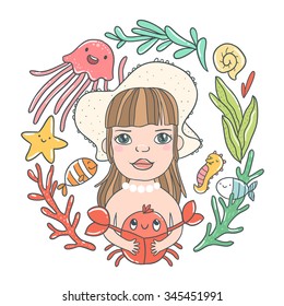 Cute cartoon little girl holding funny smiling crab. Sea animals, sea weed illustration. Adorable nature objects frame. 