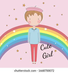 Cute cartoon little girl isolated on pink background  with rainbow.  Graphic element for kids, greeting card, cover, poster and t-shirt. Vector illustration.