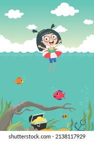 Cute Cartoon Little Girl Learning Swimming. Underwater Life Flat Illustration