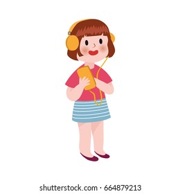 Cute cartoon little girl listening music in headphones colorful character vector Illustration
