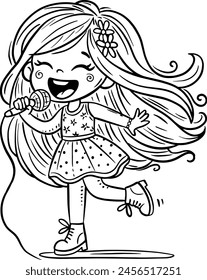 Cute cartoon little girl with long flowing hair sings song with microphone in her hands. Isolated outline illustration