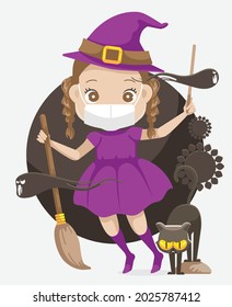 Cute cartoon little girl mask in witch costume holding a beautiful magic stick for trick or treat in halloween party. Celebrating a festival during the COVID-19 pandemic concept. 