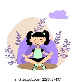 Cute cartoon little girl meditating in lotus pose. Gymnastic, yoga and meditation for children. Kids yoga concept. Vector illustration. Vector illustration