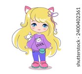 Cute cartoon little girl on a white background isolated. Anime style. Modern trend. Print for t-shirt for kids