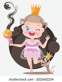 Cute cartoon little girl in princess costume holding a beautiful lollipop for trick or treat in halloween party.