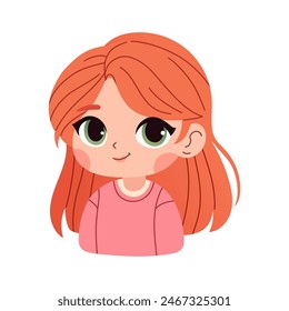 Cute cartoon little girl with red hair on a white background isolated. Trendy anime style. Print for tshirt for kids