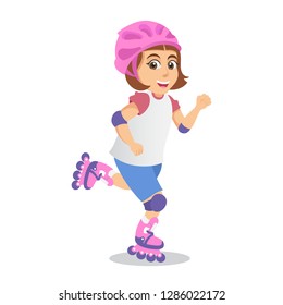 Cute cartoon little girl roller blading isolated on white background