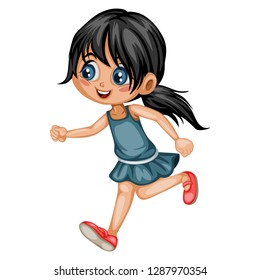 Cute Cartoon Little Girl Running  Isolated on White Background. Beautiful Young Female Kid Wearing Blue Dress 