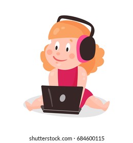 Cute cartoon little girl sitting on a floor in headphones and listening music using laptop colorful character vector Illustration