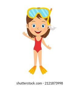 cute cartoon little girl with snorkeling gear, illustration,vector