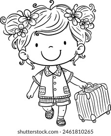 Cute cartoon little girl with suitcase. Isolated outline illustration of traveller kid