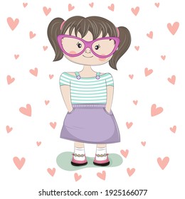 Cute cartoon little Girl in sunglasses. Funny character flat style. Modern poster for prints, kid greeting card, poster, t-shirts. Vector illustration.